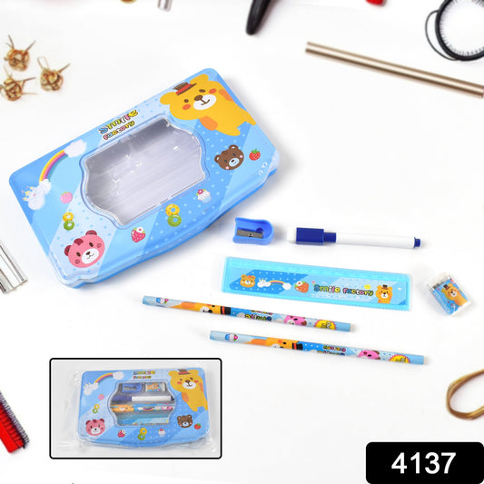 Cartoon Metal Compass Box for Kids with Stationery (6 Pc Set)